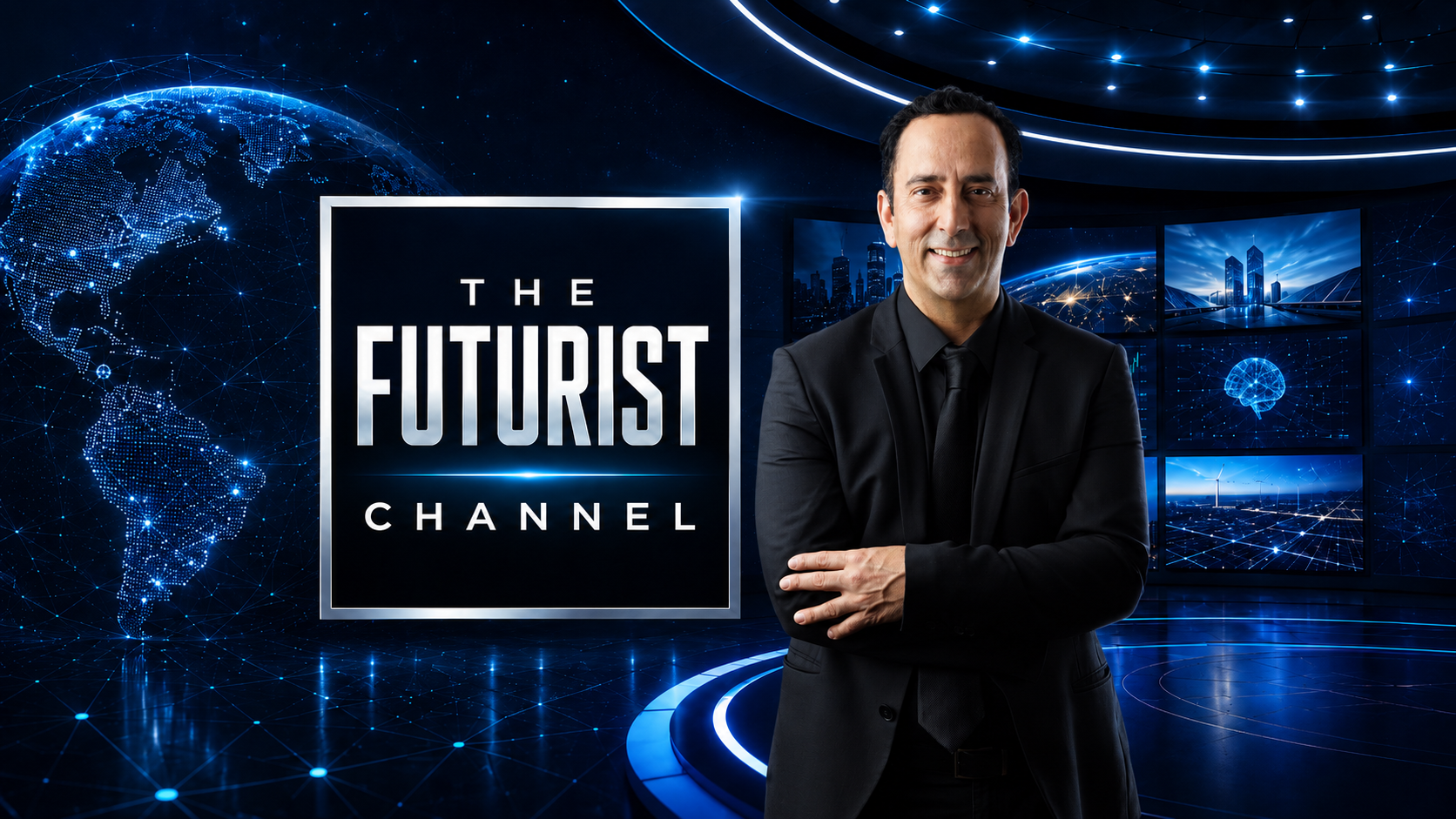 Ian Khan presenting The Futurist Channel in a futuristic broadcast studio